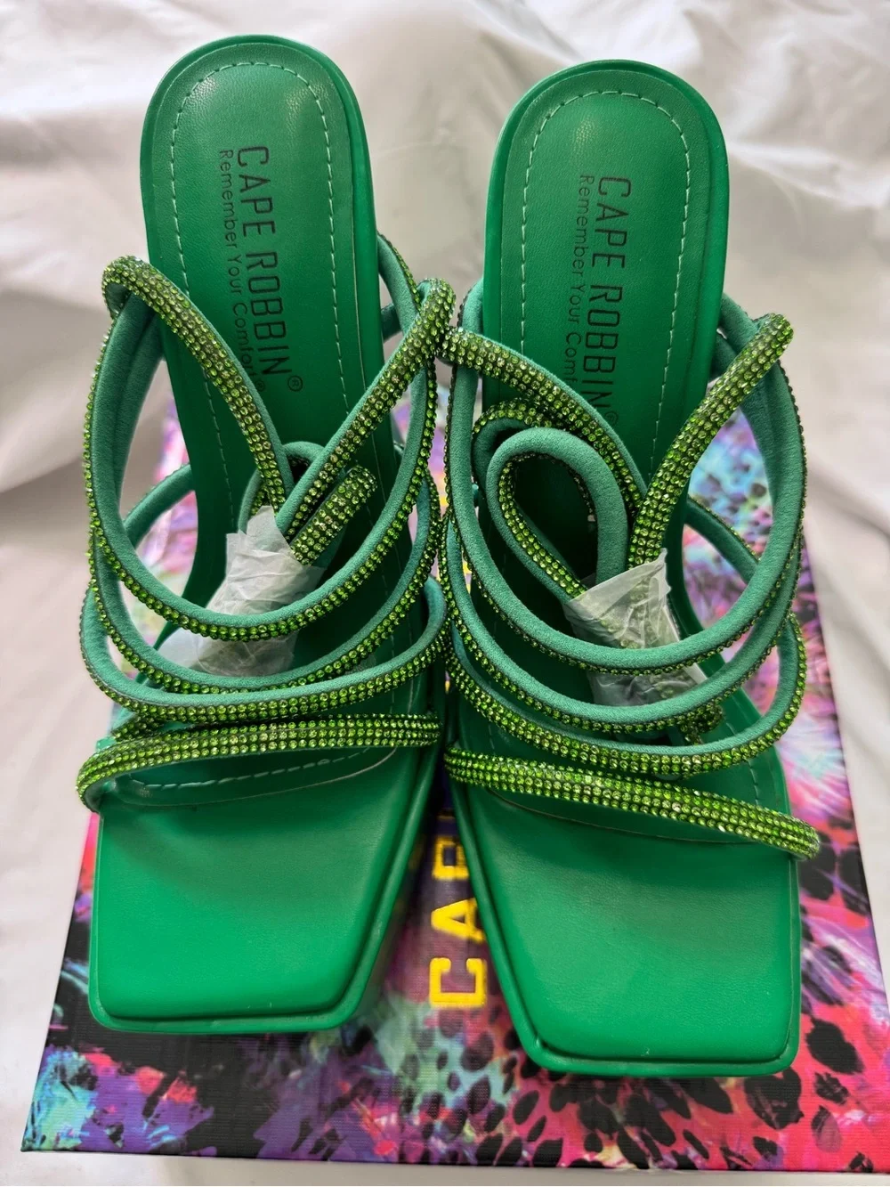 Cape Robbin Green Crystal-Strap Platform Heels
